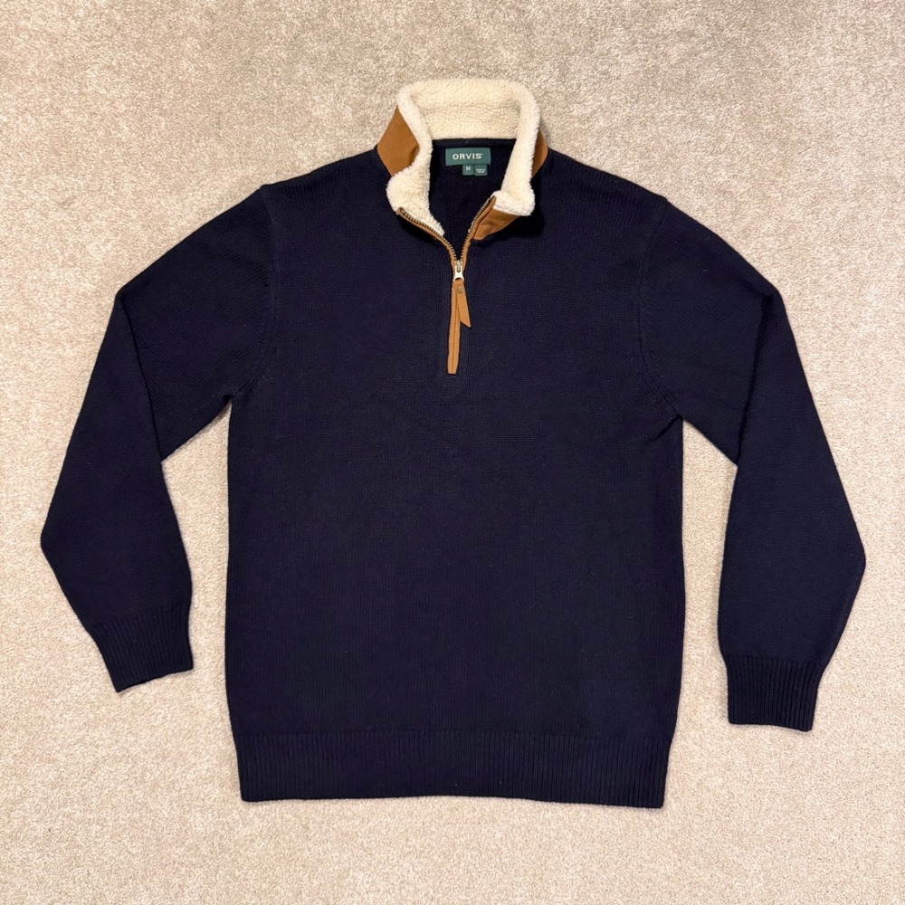 Orvis Sweater Mens M Navy Blue Lambswool Sherpa Lined Quarter Zip Mock Neck